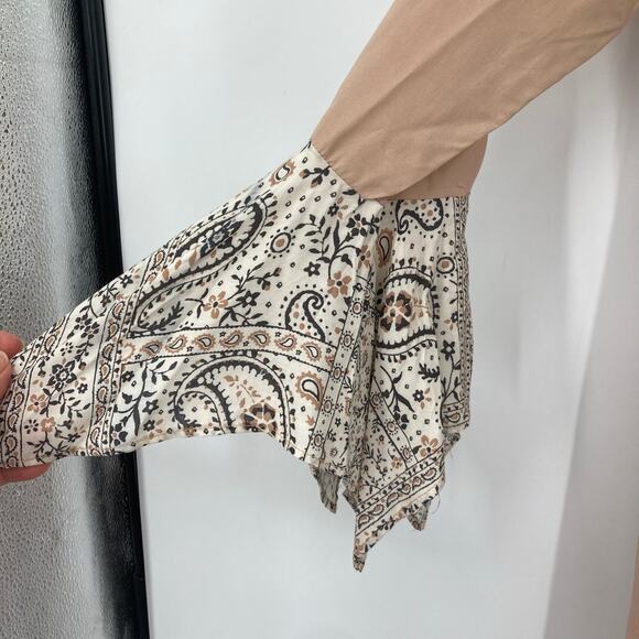 Paisley Beige Boho Long Tunic Slit Popover Art to Wear Blouse Women’s S/M - Picture 4 of 8